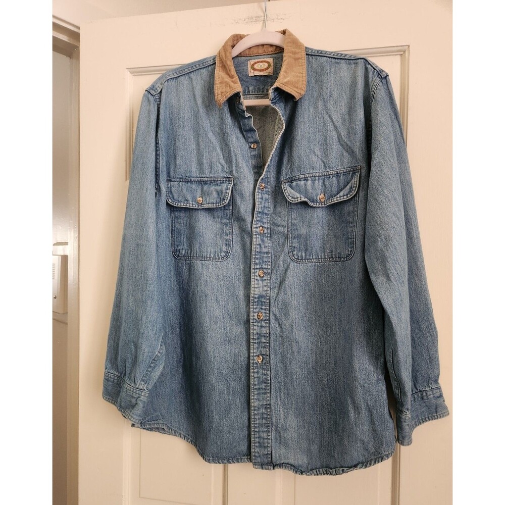 Vintage 80s Banana Republic Denim Shirt Tan Corduroy Collar XL Safari Travel